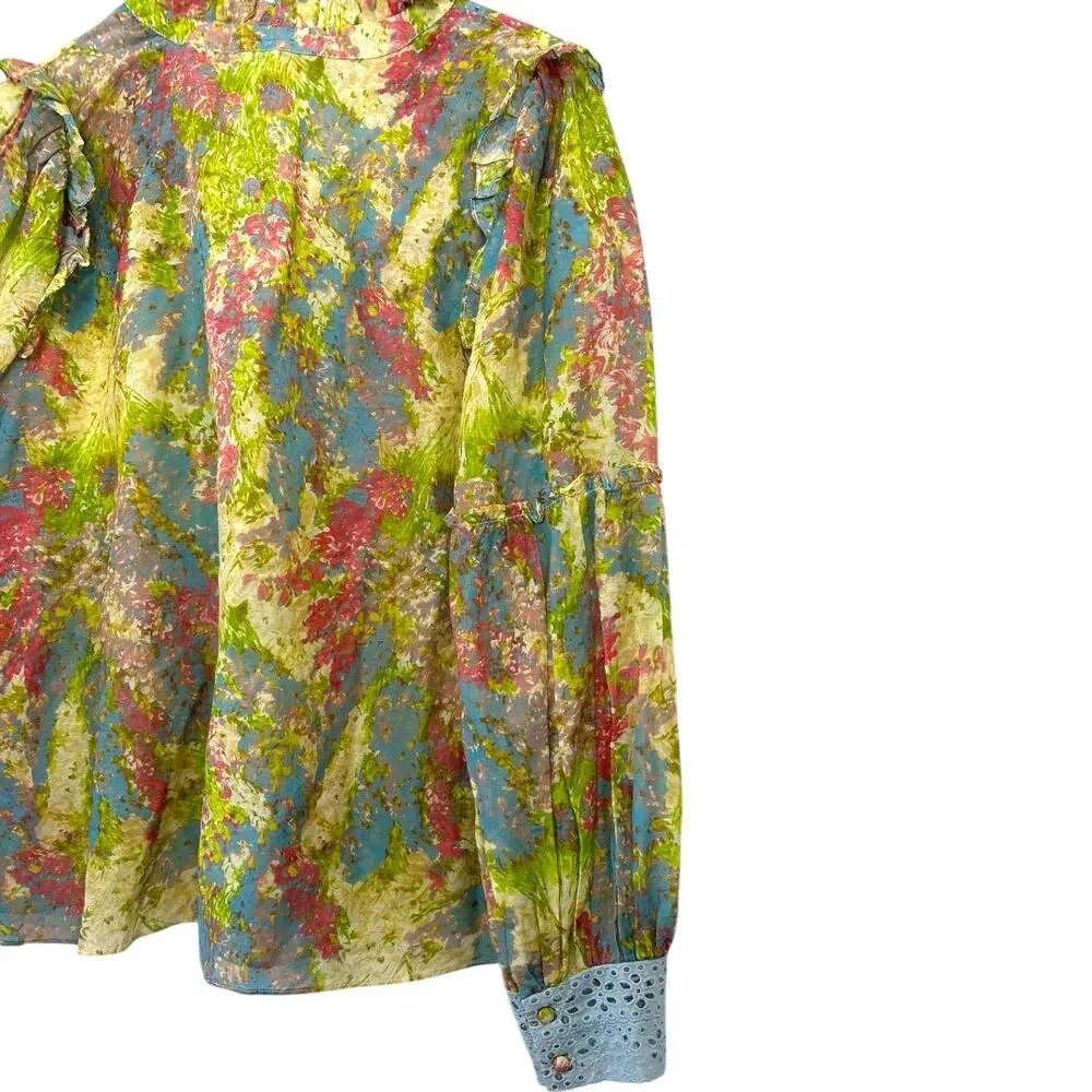 LoveShackFancy Floral Ruffle Blouse Cotton Silk Sheer Romantic Top Size Large